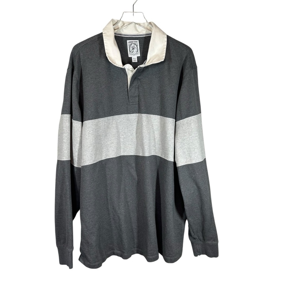 LAND'S END Men's 3XL/Tall Grey Stripe Long Sleeve Classic Rugby Shirt